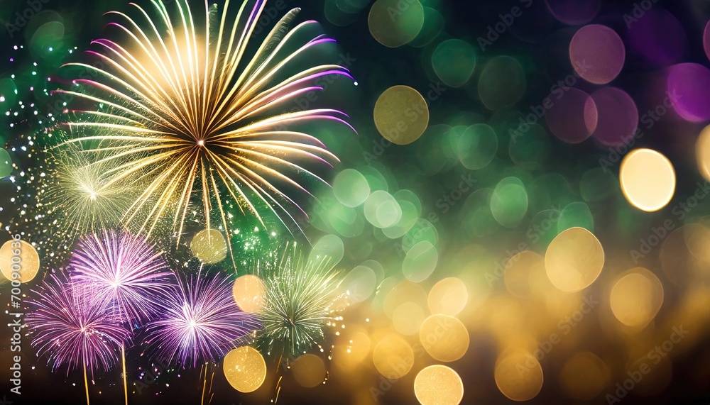 Fototapeta premium Colorful mardi gras fireworks bursting in the sky with a brilliant display of glittering sparkles