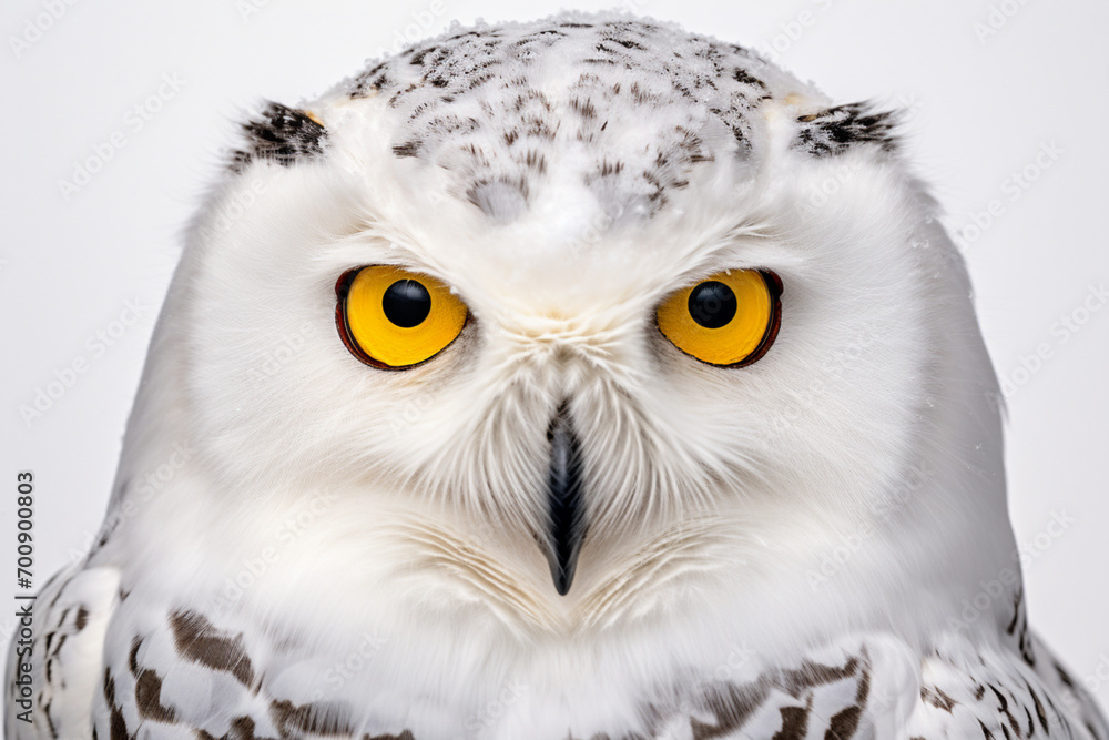 Fototapeta premium Snowy Owl close-up portrait on a white background.