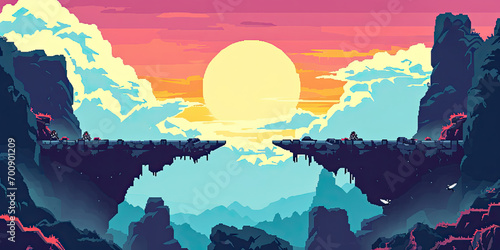 Video game style scrolling platform background backdrop illustration nature outdoors 8-bit, retro, vintage graphics, generated ai