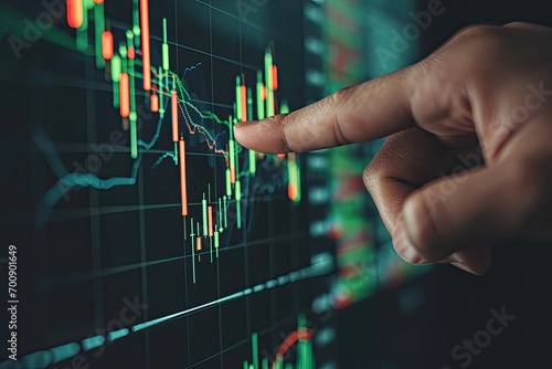 Finger points to a financial chart showing a price increase in the stock market. Concept of trading, business, investment. Financial literacy is the key to constant income growth.