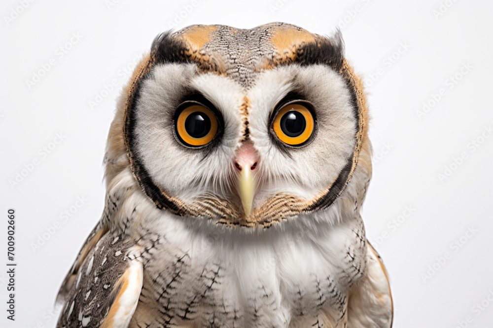 Fototapeta premium Tasmanian Masked Owl close-up portrait on a white background.