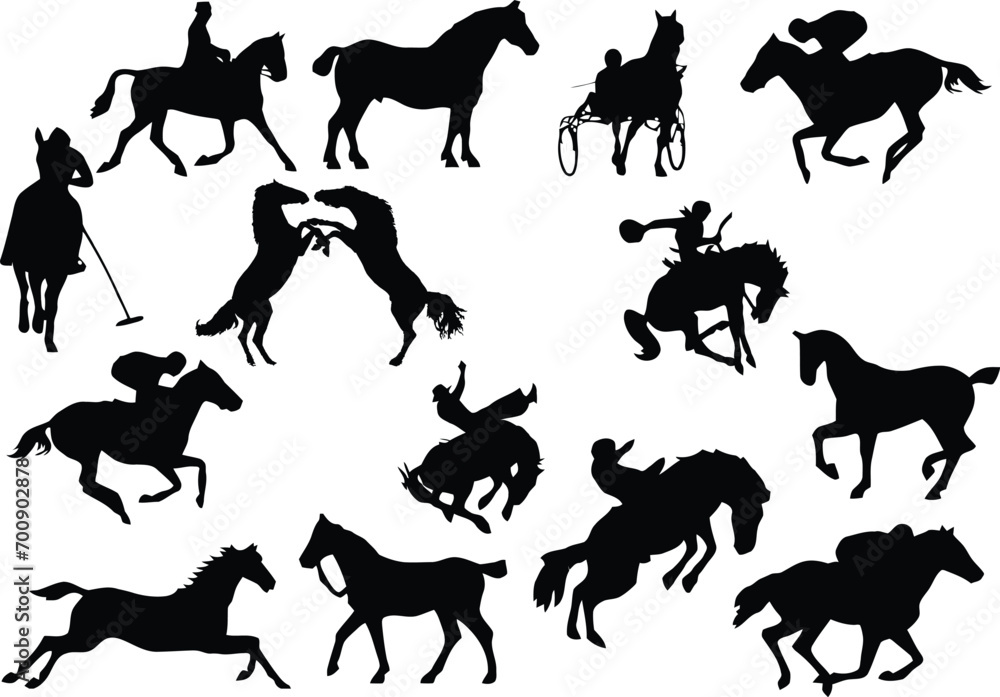 Fourteen horse silhouettes. Vector illustration