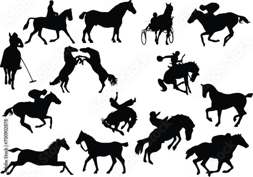 Fourteen horse silhouettes. Vector illustration