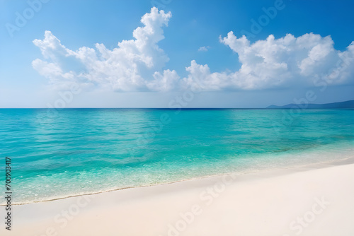 Bright beach view, clear sky, blue sea, white sand beach. Generative AI © 냥냥냥 난