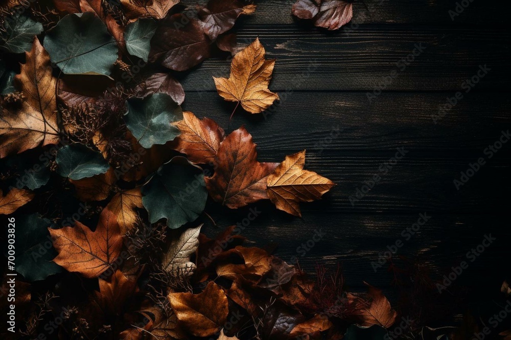 A fall-themed desktop background featuring leaves and a clear surface with space for text. Generative AI
