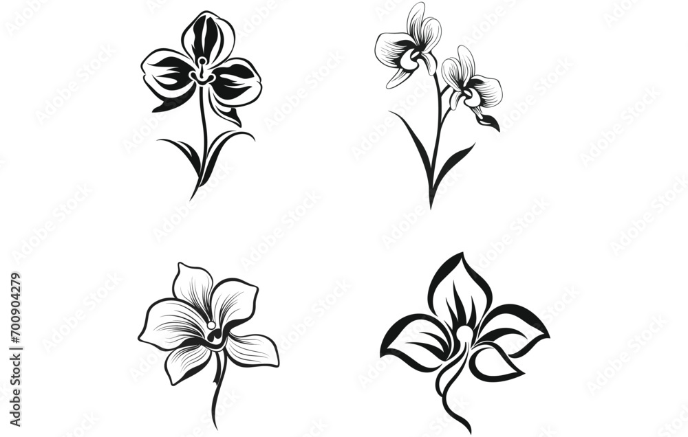 Set of Orchid flowers. Black silhouettes of flowers