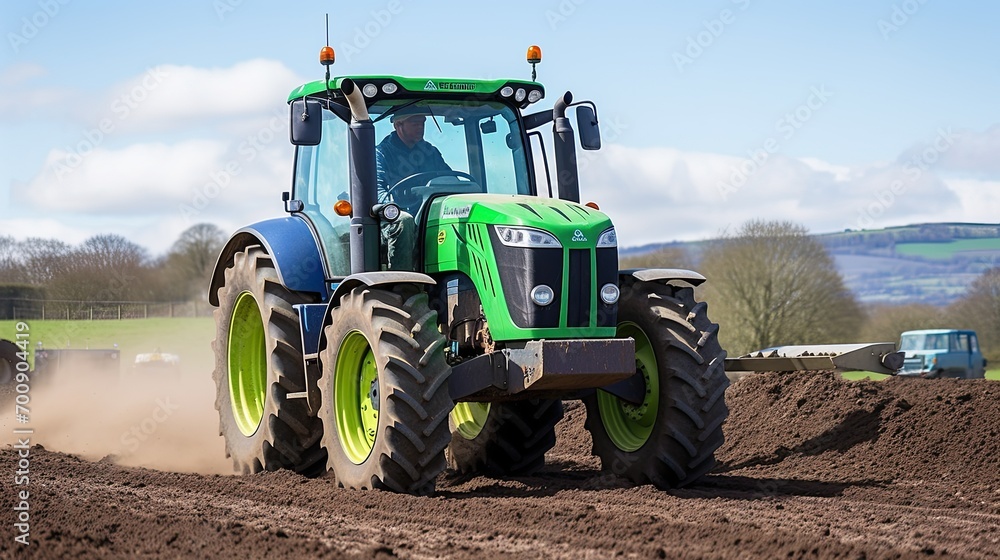 Obraz premium Celebrate the beauty of spring and the hard work of farmers as a man operates a tractor, paving the way for a fruitful harvest.