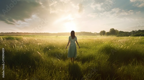 Girl walking in the meadow on the grass in the rays of the setting sun. Concept of women's dreams, success, travel, flight. photo