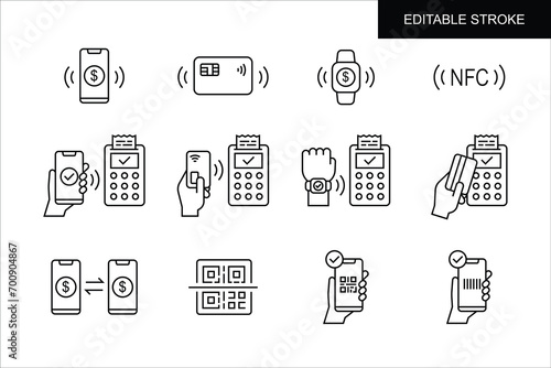 Set of outline icons related to payment methods. Online banking, Contactless payment in modern minimalist style. Editable stroke. Vector illustration