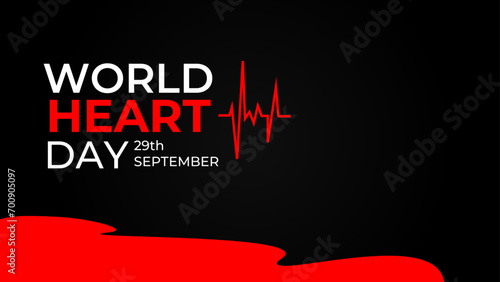 Emblem of World Heart Day with image of red heart on dark background. Medical sign on 29th of September. heart and pulse trace. suit for banner, cover, flyer, poster, backdrop, plain, texture. vector