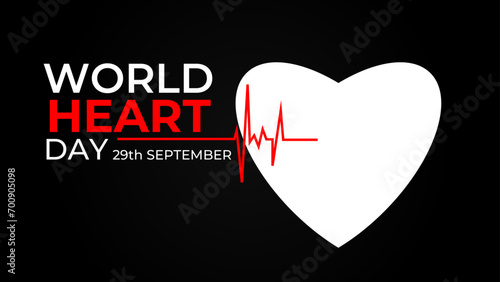 Emblem of World Heart Day with image of red heart on dark background. Medical sign on 29th of September. heart and pulse trace. suit for banner, cover, flyer, poster, backdrop, plain, texture. vector