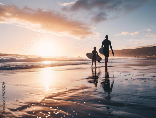 A Photo of a Father and Teenage Son Enjoying a Day of Surfing at the Beach © Nathan Hutchcraft