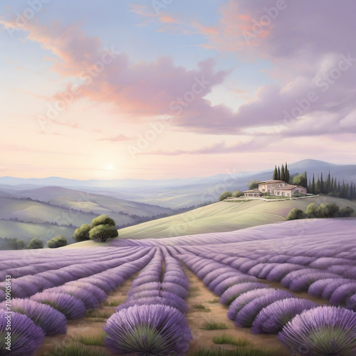 A path leads to a little house with blue shutters through lovely fields of lavender. ai generated photo