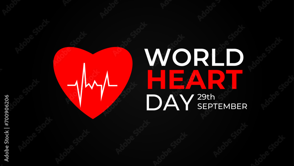 World heart day banner with red heart on dark background. Medical sign on 29th of September. heart and pulse trace. suit for banner, cover, flyer, poster, backdrop, plain, texture. vector illustration