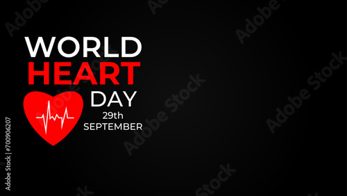 World heart day banner with red heart on dark background. Medical sign on 29th of September. heart and pulse trace. suit for banner, cover, flyer, poster, backdrop, plain, texture. vector illustration
