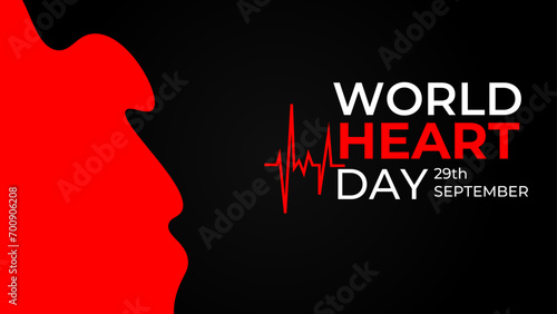 World heart day banner with red heart on dark background. Medical sign on 29th of September. heart and pulse trace. suit for banner, cover, flyer, poster, backdrop, plain, texture. vector illustration