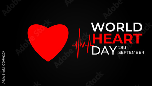 World heart day banner with red heart on dark background. Medical sign on 29th of September. heart and pulse trace. suit for banner, cover, flyer, poster, backdrop, plain, texture. vector illustration