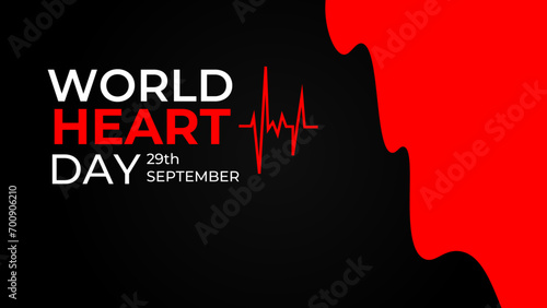World heart day banner with red heart on dark background. Medical sign on 29th of September. heart and pulse trace. suit for banner, cover, flyer, poster, backdrop, plain, texture. vector illustration