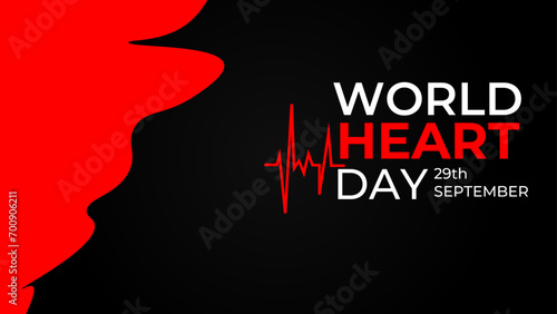 World heart day banner with red heart on dark background. Medical sign on 29th of September. heart and pulse trace. suit for banner, cover, flyer, poster, backdrop, plain, texture. vector illustration