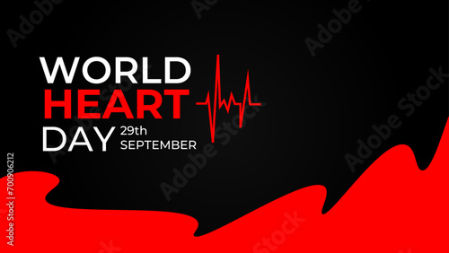 World heart day banner with red heart on dark background. Medical sign on 29th of September. heart and pulse trace. suit for banner, cover, flyer, poster, backdrop, plain, texture. vector illustration