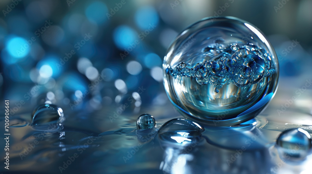 water drop in blue background, Blue transparent water drop sphere , Abstract reservoir of water in the form of a sphere, water splashes water drop in blue background, Blue transparent water drop sphere , Abstract reservoir of water in the form of a sphere, water splashes