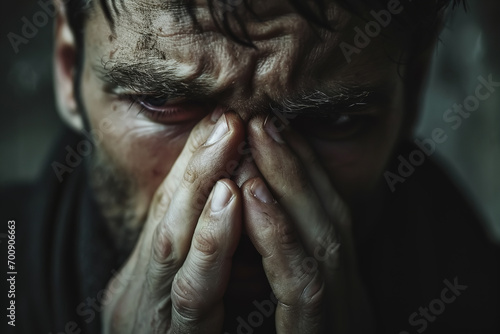 Male depression, psychological problems. Close-up of a suffering adult man covering his face with his hands, panic attack