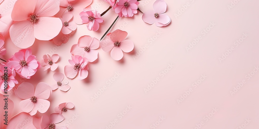 Banner with flowers on light pink background. Greeting card template for Wedding, mothers or woman day. Springtime composition with copy space. Flat lay style 