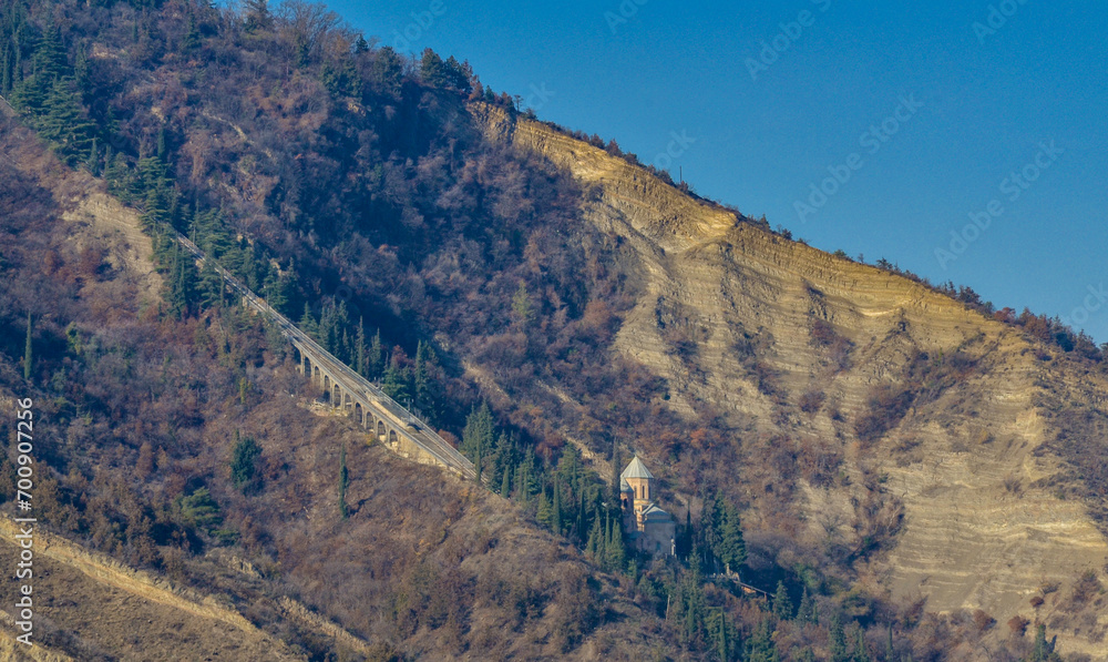 Mamadaviti (St. Davids) Church and Tbilisi Funicular line on Mount Mtatsminda in Tbilisi, Georgia