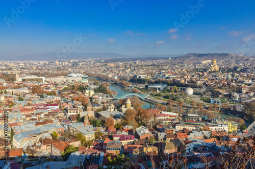 Kura river, Bridge of Peace and  Dzveli Tbilisi scenic view from Narikala fortress walk photo