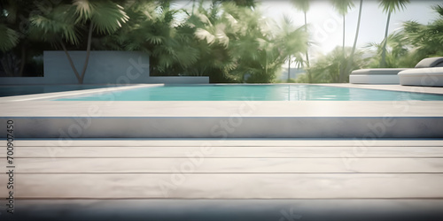 For the product display, empty marble with frosted windows and a swimming pool serve as backdrops photo