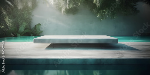 For the product display, empty marble with frosted windows and a swimming pool serve as backdrops #700907468