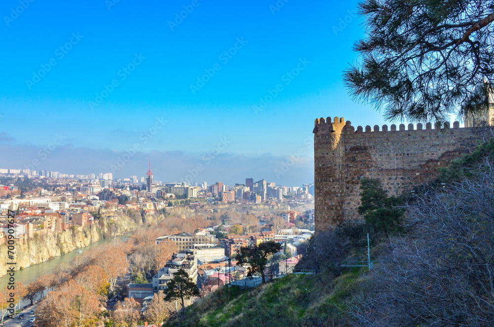 Kura river scenic view from Narikala fortress walls in Tbilisi, Georgia