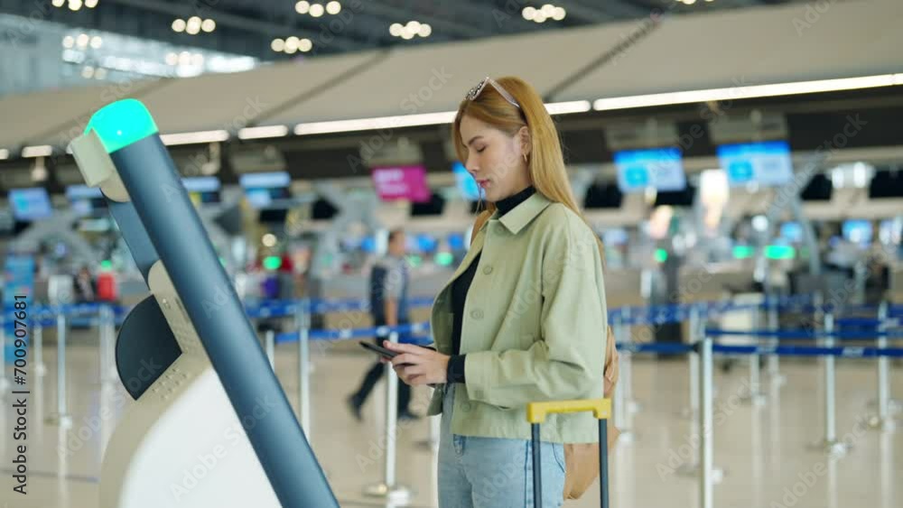 Asian woman holding passport using self Check-in kiosk machine getting airline ticket boarding pass at airport terminal. People travel on holiday vacation and global airplane transportation concept. Asian woman holding passport using self Check-in kiosk machine getting airline ticket boarding pass at airport terminal. People travel on holiday vacation and global airplane transportation concept.