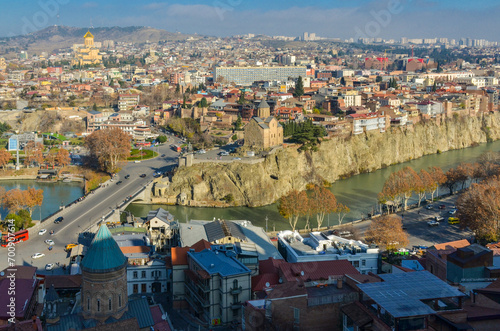 Metekhi Bridge, Metekhi Virgin Mary Assumption Church and Kura river scenic view from Narikala fortress walk photo