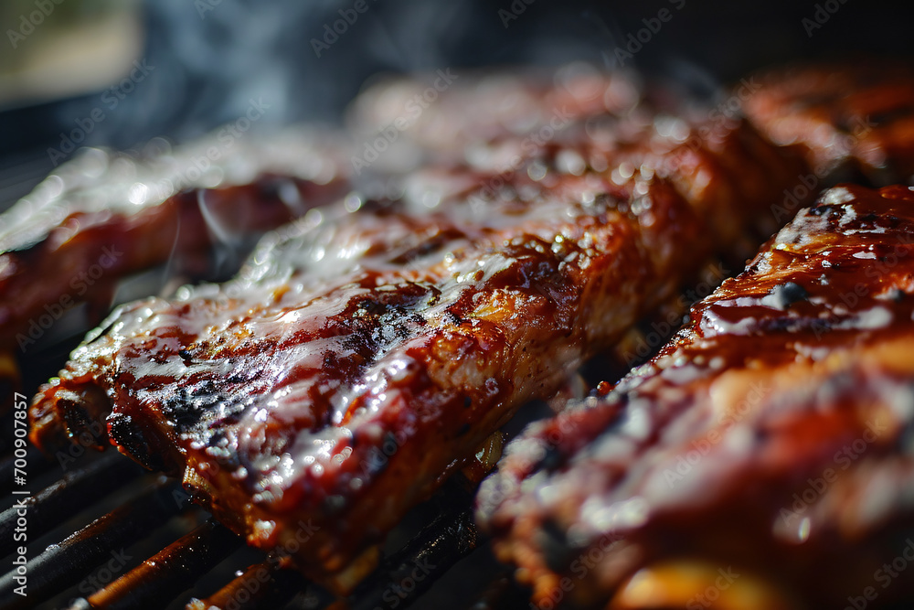 A Close-Up of Juicy BBQ Ribs Smoking to Delicious Perfection, Infusing Mouthwatering Aromas and Flavor A Close-Up of Juicy BBQ Ribs Smoking to Delicious Perfection, Infusing Mouthwatering Aromas and Flavor