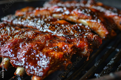 A Close-Up of Juicy BBQ Ribs Smoking to Delicious Perfection, Infusing Mouthwatering Aromas and Flavor