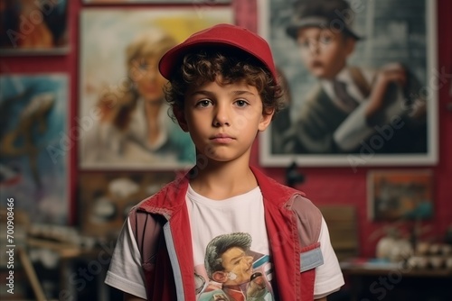 Portrait of a boy in a red cap, studio shot.