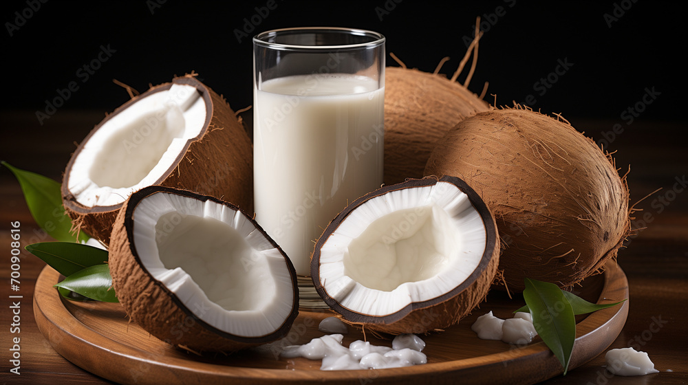 coconut milk and coconut, halves and a set of raw coconuts coconut milk and coconut, halves and a set of raw coconuts