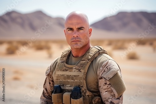 Soldier standing in the middle of the desert with his arms crossed