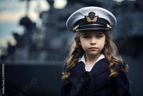 Portrait of a little girl in uniform on the background of the ship.