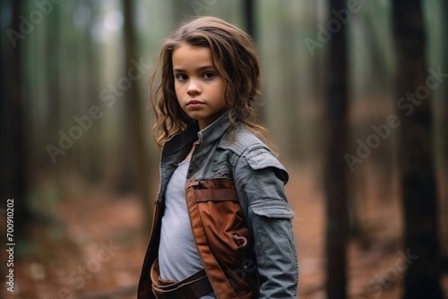 Portrait of a beautiful little girl in the forest, outdoor shot