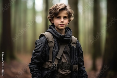 Portrait of a boy with backpack in the forest, outdoor shot