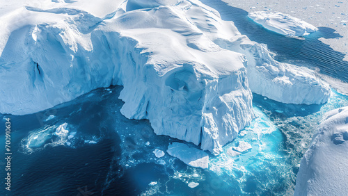 Clomate change make huge icebergs collapsing down to the blue sea in Antarctica