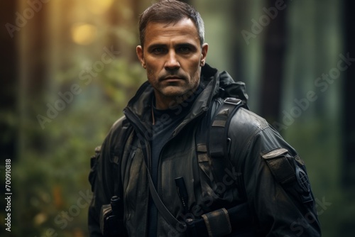 Portrait of a man in a black jacket in the forest. photo
