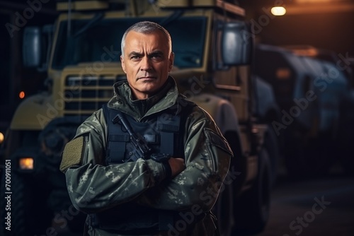 Portrait of mature man standing with arms crossed in front of trucks