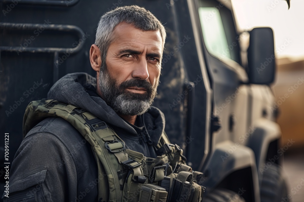 Portrait of a mature soldier with a backpack standing by a truck. Portrait of a mature soldier with a backpack standing by a truck.