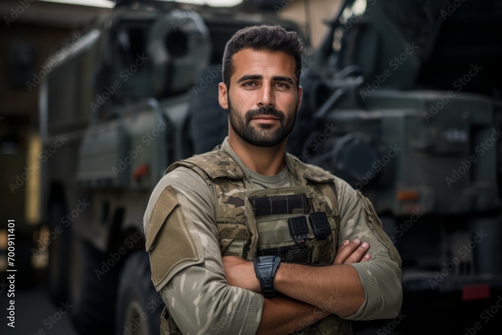 Portrait of a handsome young soldier standing with his arms crossed in front of a military vehicle Portrait of a handsome young soldier standing with his arms crossed in front of a military vehicle