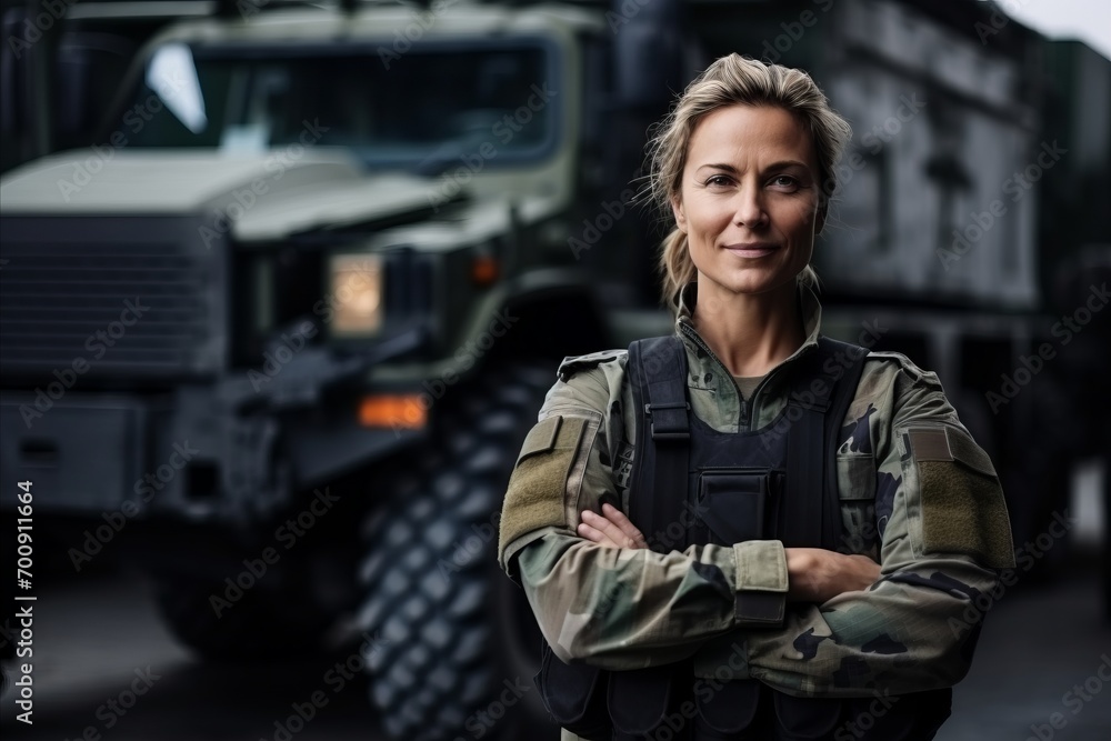 Portrait of a confident female soldier standing in front of a military vehicle