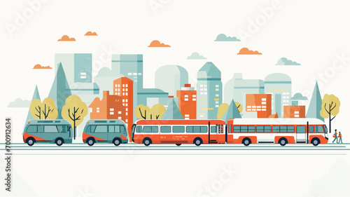 efficiency of public transportation in a vector scene featuring diverse modes of transit. Illustrate buses, trains, and bicycles working together to create a well-connected and sustainable