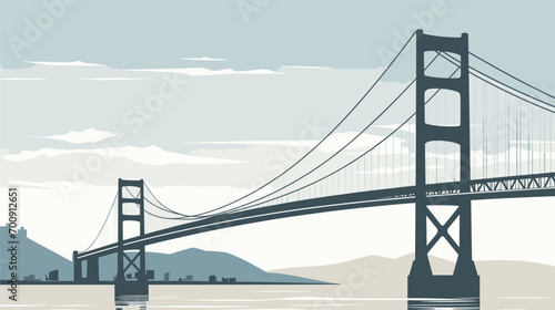 sense of suspension and elegance in a vector scene featuring a suspension bridge soaring across vast expanses. Illustrate the graceful curves and hanging cables of suspension bridge